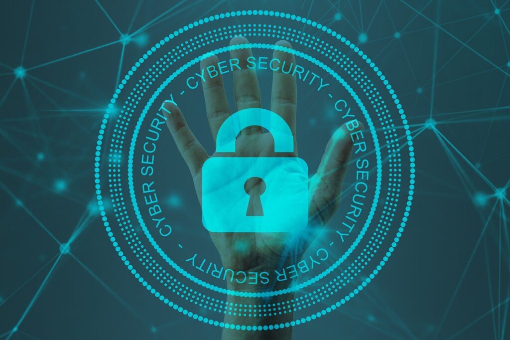 Image depicting cybersecurity as a padlock and text