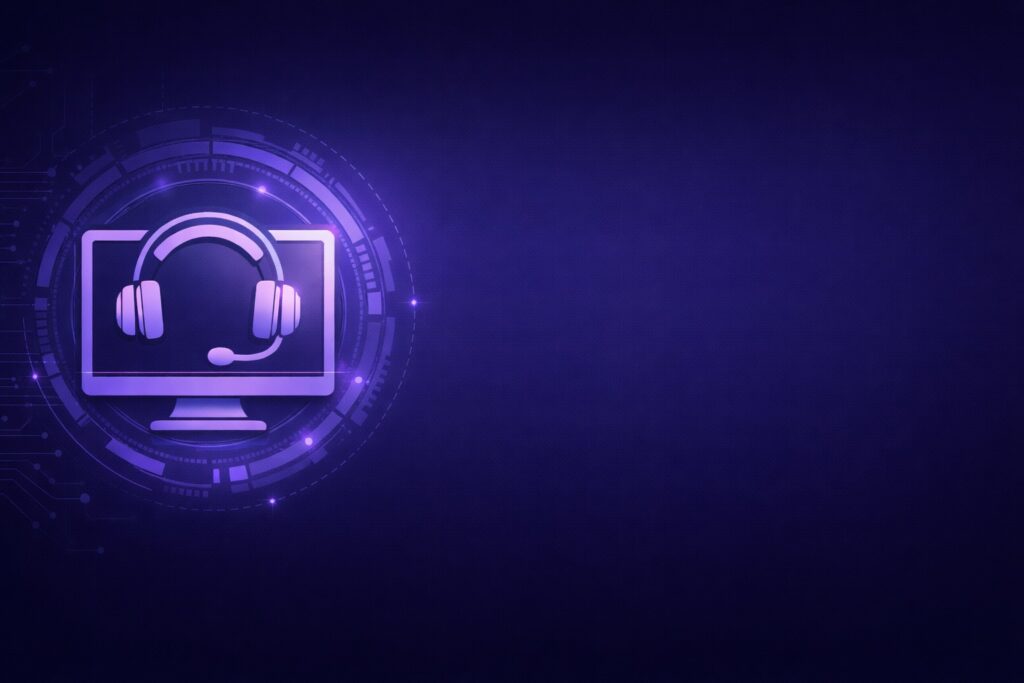 Help desk and on-site IT support services for businesses in Ocean and Monmouth County, depicted with a glowing computer and headset icon on a dark purple digital background.