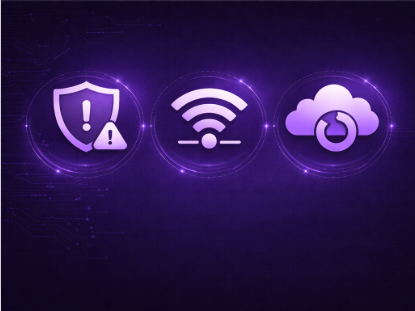 Three glowing icons on a dark purple background representing common IT support issues — computer trouble, email problems, printer errors, security threats, network outages, and data backup recovery.