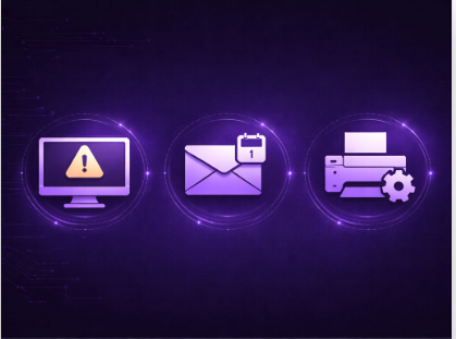 Three glowing icons on a dark purple background representing common IT support issues — computer trouble, email problems, printer errors, security threats, network outages, and data backup recovery.