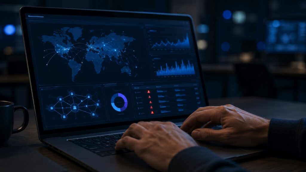 A professional reviewing a network security dashboard on a laptop, representing an active cybersecurity risk review.