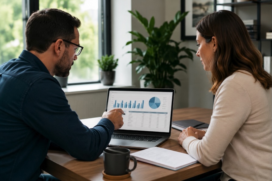 Office manager and IT advisor discussing technology budget planning on a laptop